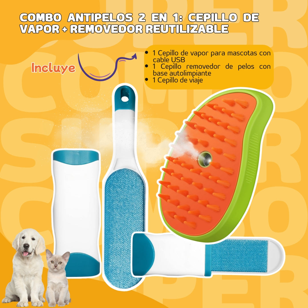 Combo Antipelos 2 en 1: Cepillo de Vapor + Removedor Reutilizable para Mascotas