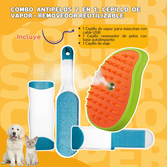 Combo Antipelos 2 en 1: Cepillo de Vapor + Removedor Reutilizable para Mascotas