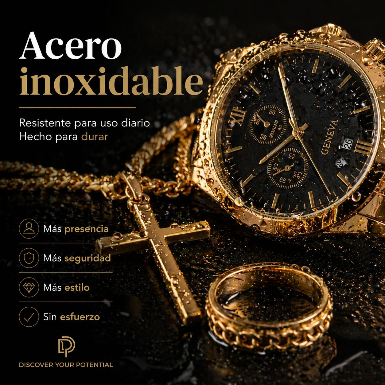 Combo de lujo para hombre: reloj + cadenas + pulsera +anillo