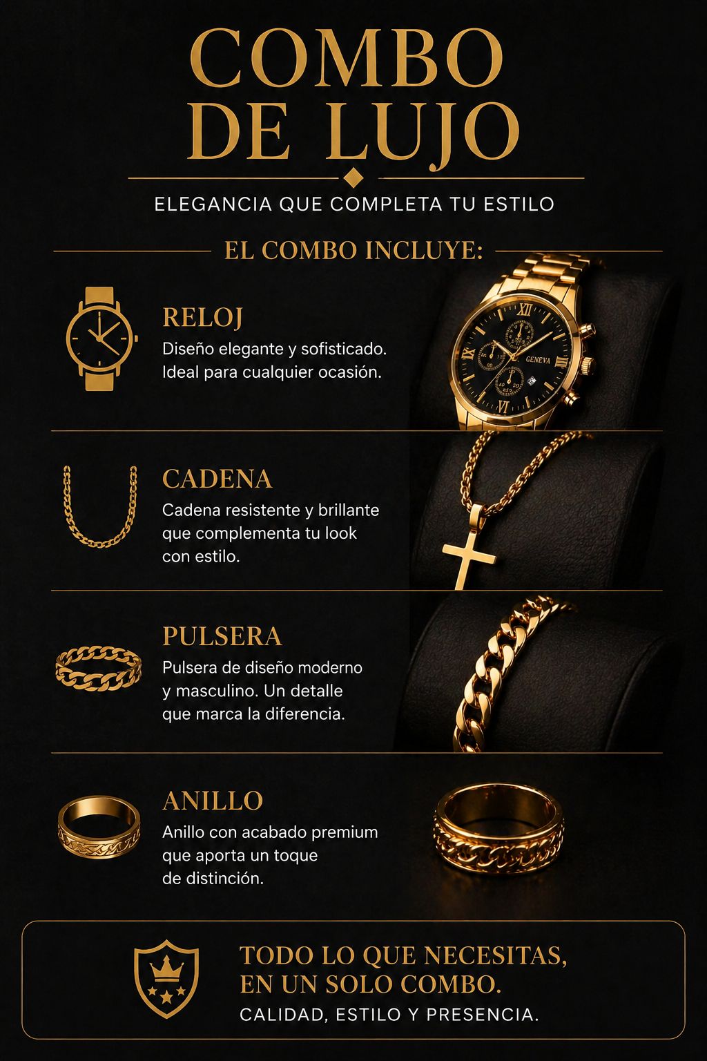 Combo de lujo para hombre: reloj + cadenas + pulsera +anillo